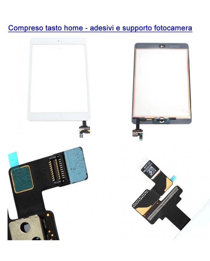 TOUCH SCREEN VETRO IPAD MINI A1432 A1454 A1455 + TASTO HOME + IC ADESIVI BIANCO