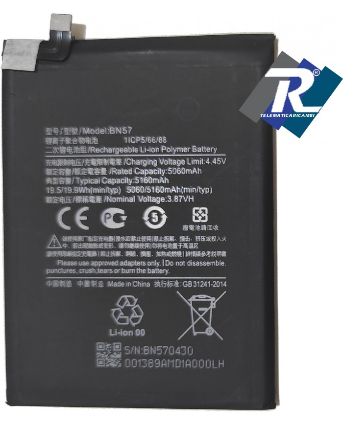 BATTERIA BN57 PER XIAOMI POCO X3 M2007J20CG M2007J20CT 5160mAh SOSTIT. ORIGINALE