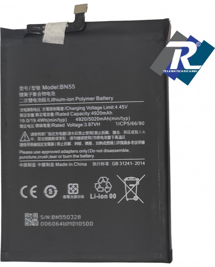 BATTERIA BN55 PER XIAOMI REDMI NOTE 9S M2003J6 M2003J6A1G 5020 mAh