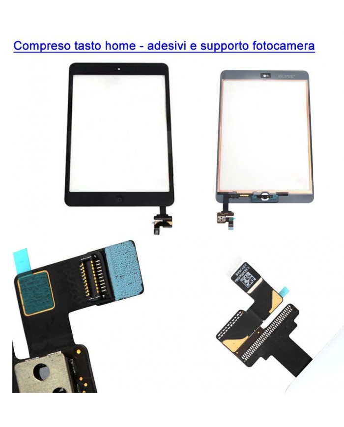 TOUCH SCREEN VETRO IPAD MINI 2 A1489 A1490 A1491 TASTO HOME + IC + ADESIVI NERO