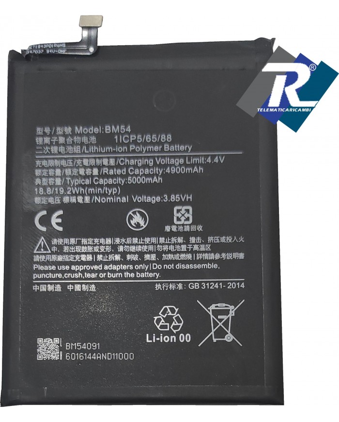 BATTERIA BM54 PER XIAOMI REDMI NOTE 9T 5G M2007J22 5000 mAh SOSTITUISC ORIGINALE