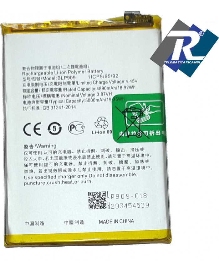 BATTERIA BLP909 1ICP5-65-92 PER OPPO REALME 9 5G RMX3474 5000 mAh PARI ORIGINALE