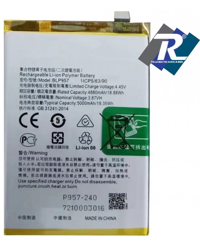 BATTERIA BLP957 PER OPPO REALME 10 4G RMX3630 5000 mAh SOSTITUISCE ORIGINALE